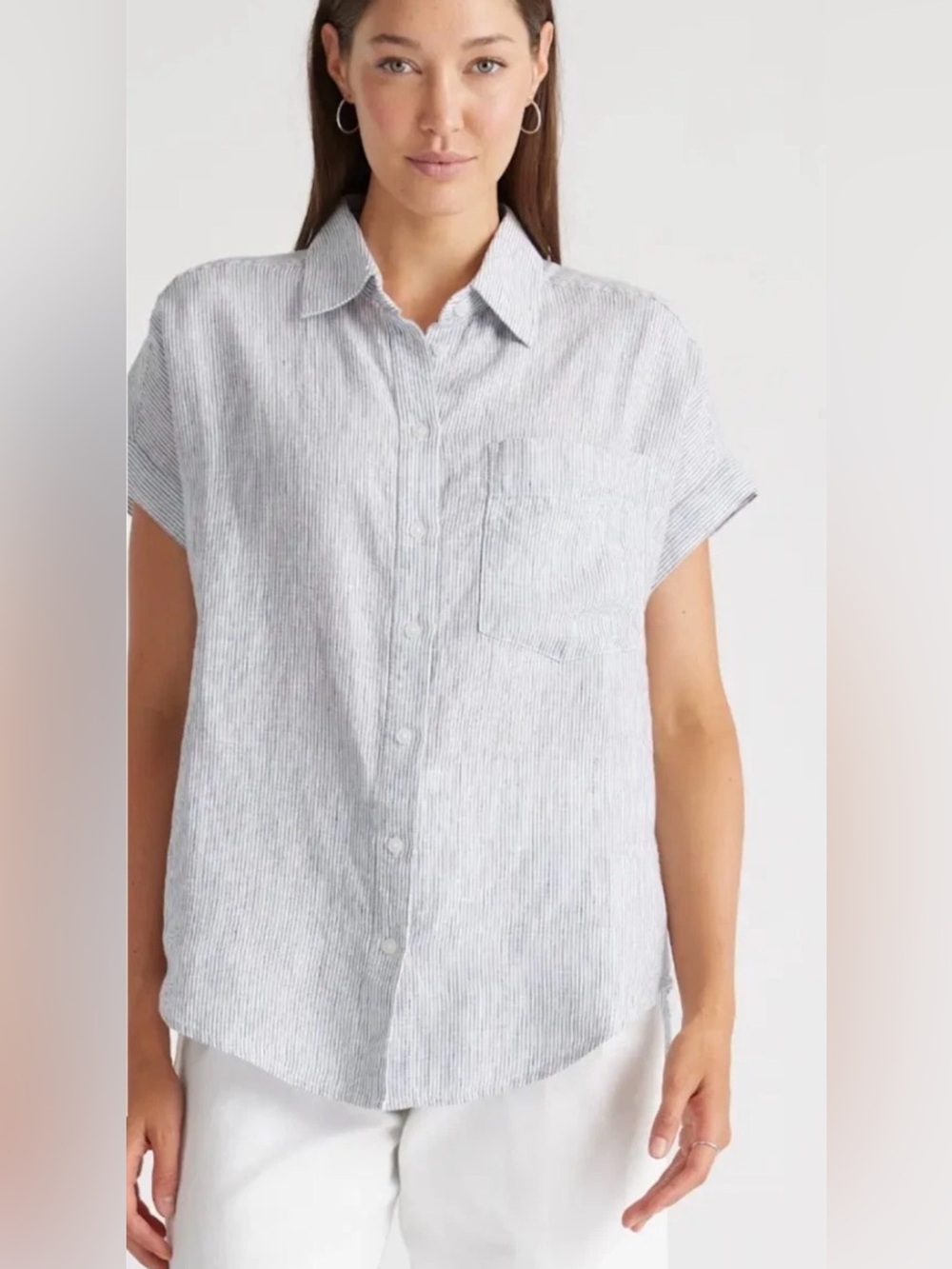 Quince Light Blue & White Striped Short Sleeve Button-Down Shirt 100% Linen